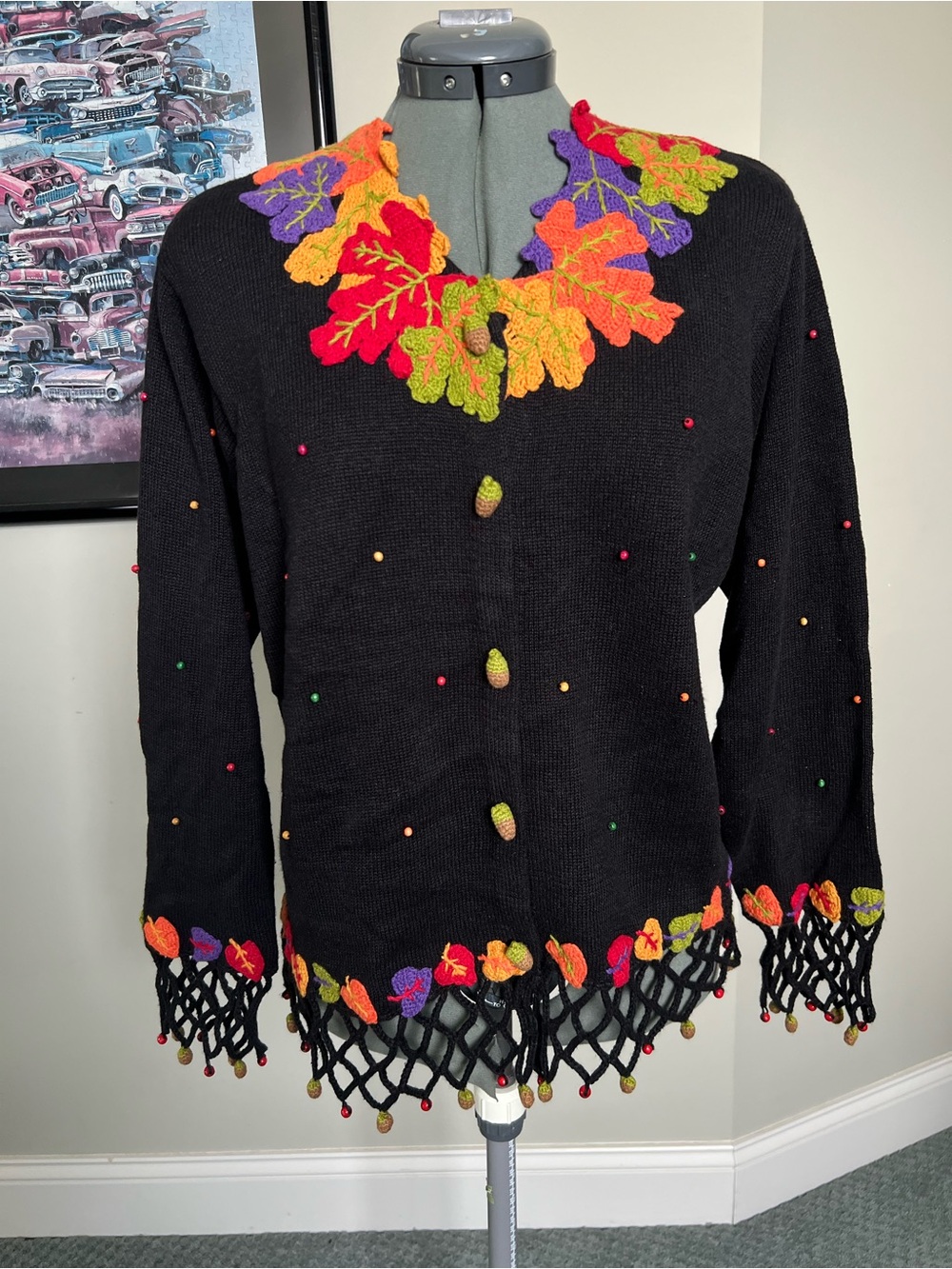 Design Options L Philip Jane Gordon Crochet Leaves Sweater Cardigan Thanksgiving